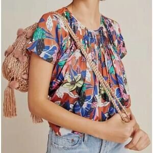 DOLAN Left Coast Pleated Tropical Floral Top Colorful‎ Dopamine Vacation Sz S